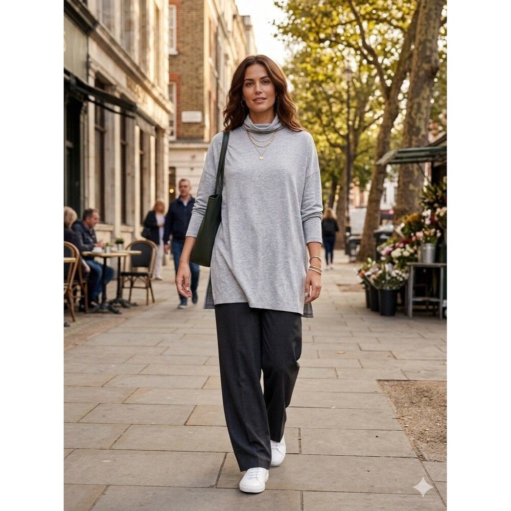 Eileen Fisher Gray Turtleneck Luxury Comfy Tunic Lagenlook Minimalist Women PL